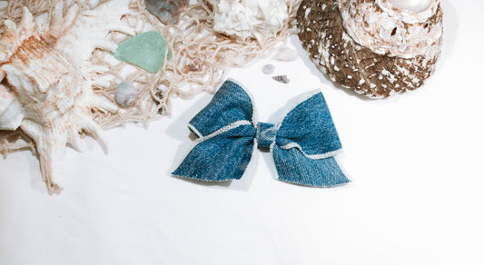 Large hand made denim baby bow