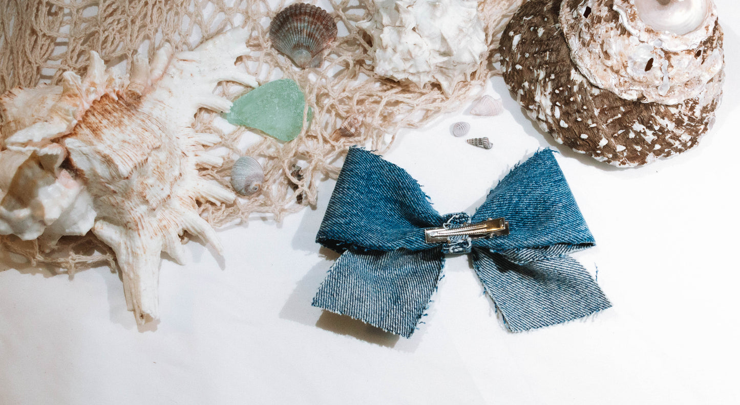 Large hand made denim baby bow